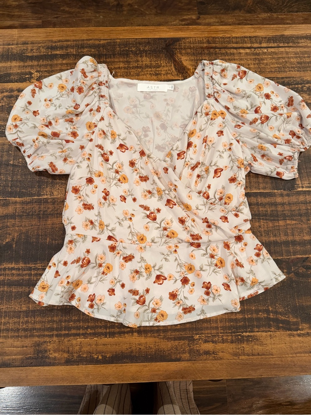 ASTR Cream Floral Wrap Blouse with Orange and Rust Flowers